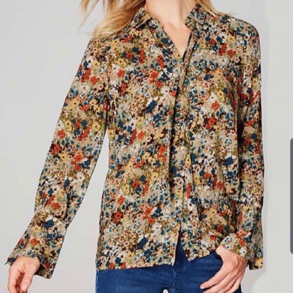 J Jill Wheat Painterly Floral Self Covered Button Bell Sleeve Retro Blouse-SP